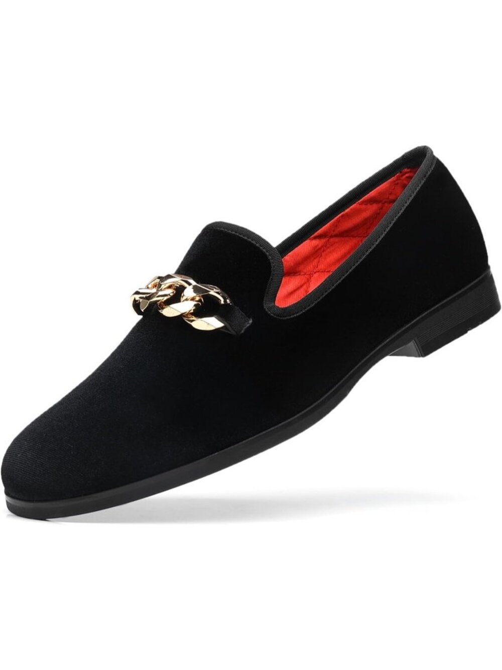 Men's Black Plain Toe Imported Golden Copper Chain Pull On Modern Velvet Loafers